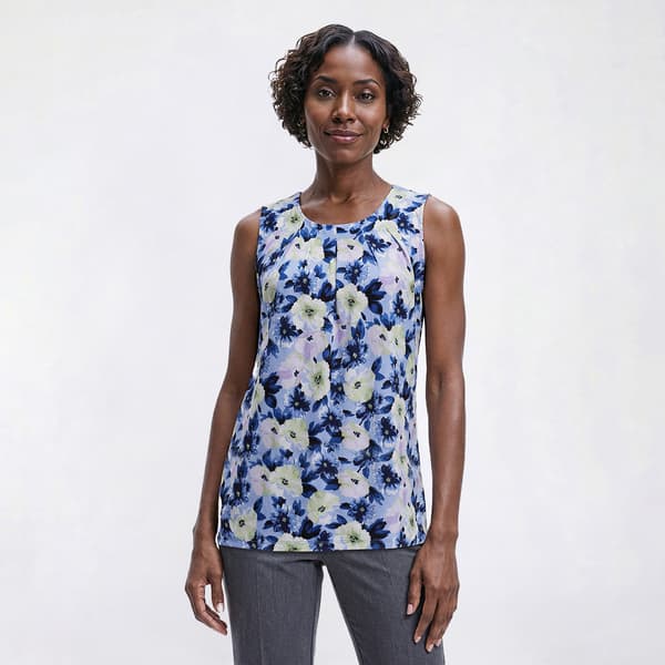 Womens Kasper Sleeveless Pleated Neck Floral Blouse - image 