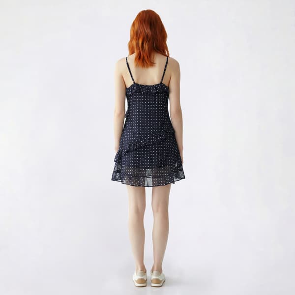 Juniors Pink Rose Dot Print Chiffon Ruffle Trim Skater Dress