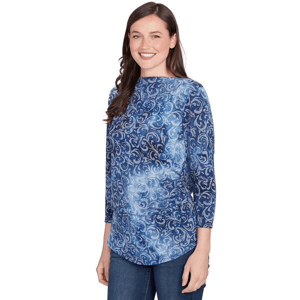 Petite Ruby Rd. Indigo Go Tie Dye Scroll Hacci Blouse