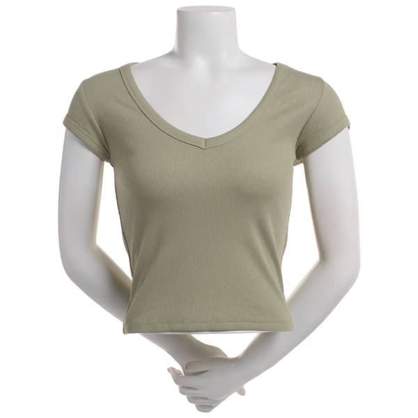 Juniors Derek Heart Ribbed Cap Sleeve V-Neck Tee - image 