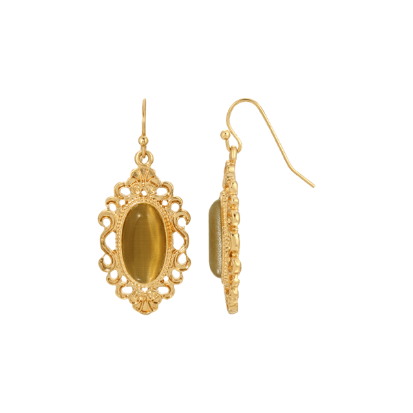 1928 Jewelry Gold-Tone Topaz Cat Eye Oval Earrings - image 