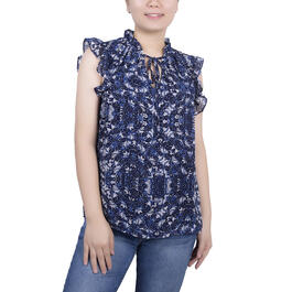 Petite NY Collection Flutter Sleeve Tie Neck Top - Navy/Sky