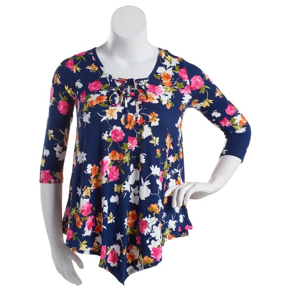 Womens C'est La Vie 3/4 Sleeve V-Neck Lace Up Hanki Hem Tee - image 