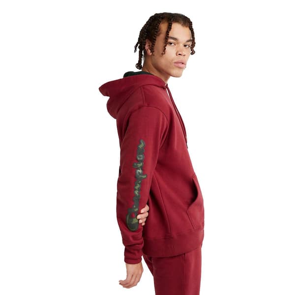 Mens Champion Camo Fleece Hoodie With Sleeve Script - Cranberry