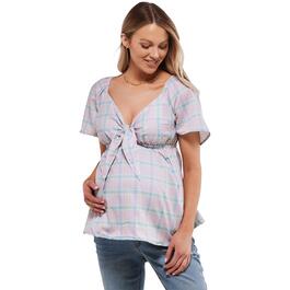 Womens Times Two Short Sleeve Tie Front Plaid Maternity Top
