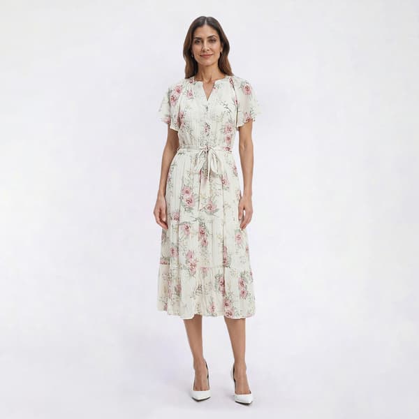 Womens Luxology Flutter Sleeve Floral Tier Midi Dress - image 