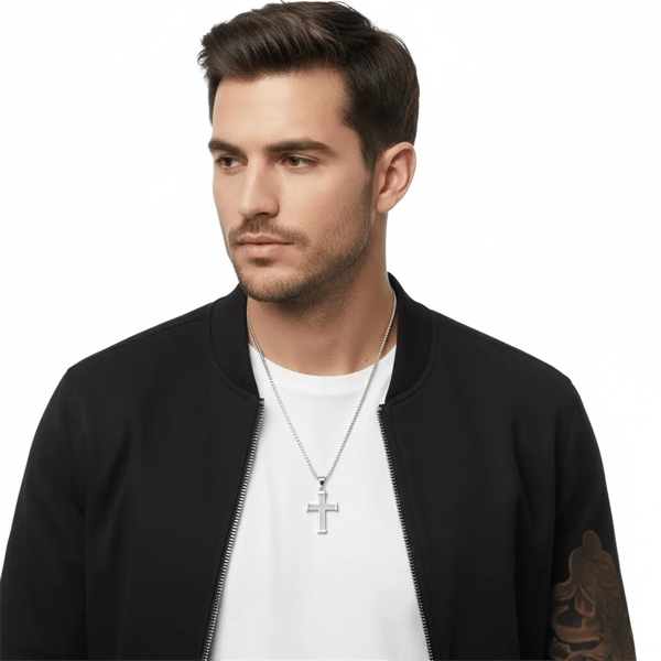 Mens Iron Saints Textured Silver Cross Box Chain Necklace