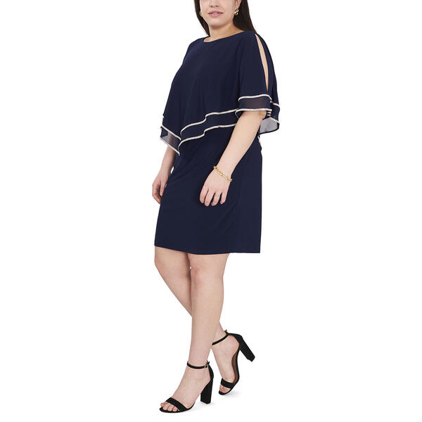 Plus Size MSK Split Sleeve Rhinestone Trim Double Overlay Dress