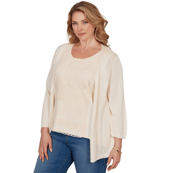 Plus Size Ruby Rd. Renaissance Romance Crochet Back Cardigan
