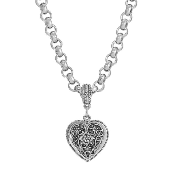 1928 Silver Tone Filigree Heart Necklace - image 