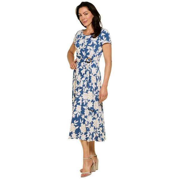 Womens Perceptions Short Sleeve Puff Floral Midi Dress