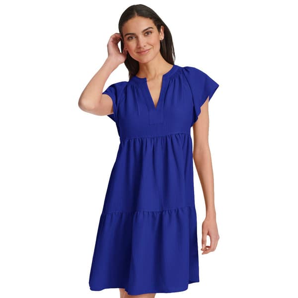 Womens Calvin Klein Short Sleeve Split Neck Tier Gauze Dress