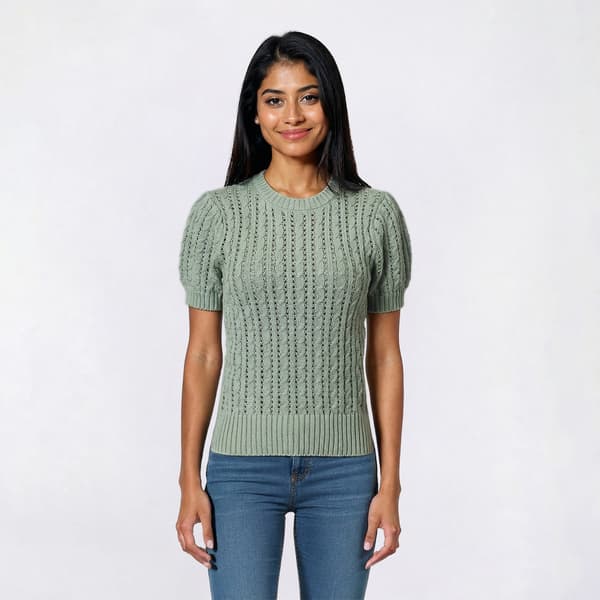 Juniors Pink Rose Short Sleeve Cable Pointelle Sweater - image 