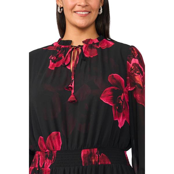 Plus Size MSK Long Sheer Sleeve Tie Neck Floral Tier Maxi Dress