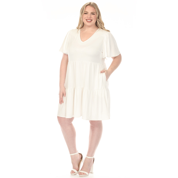 Plus Size White Mark Short Sleeve V Neck Solid A-Line Dress