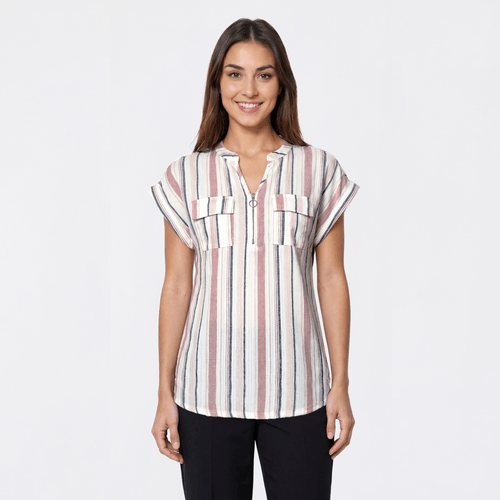 Womens Cure Short Dolman Sleeve 1/2 Zipper Stripe Blouse - image 