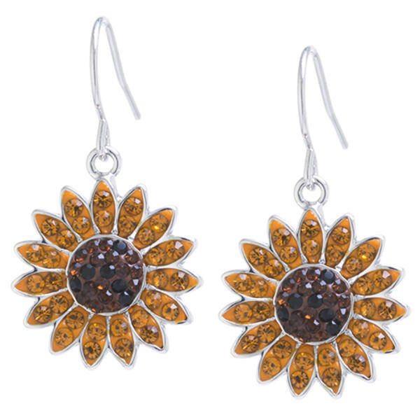 Fine Silver Plated & Crystal Sunflower Drop Earrings - image 