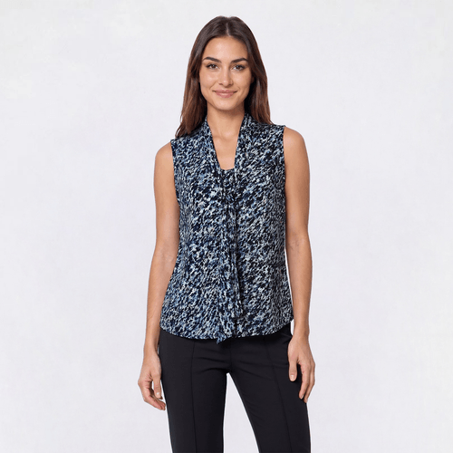 Womens Kasper Sleeveless Tie Neck Abstract Smudge Blouse - image 