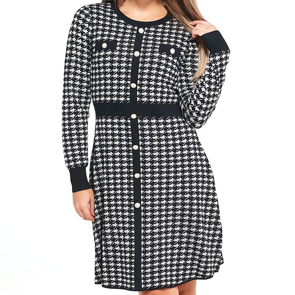 Womens Sharagano Button Trim Houndstooth Sweater Knit Dress