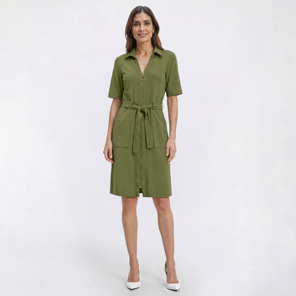 Womens Sharagano Elbow Sleeve Crepe Zip Split Neck Shirtdress