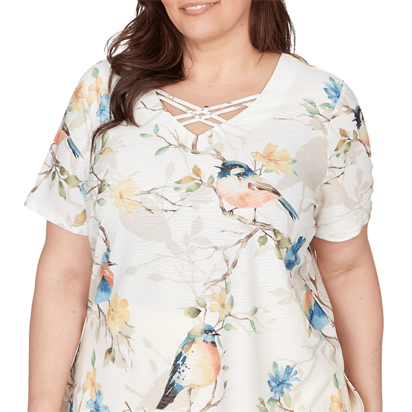 Plus Size Alfred Dunner Out Of The Blue Floral Birds V Neck Tee