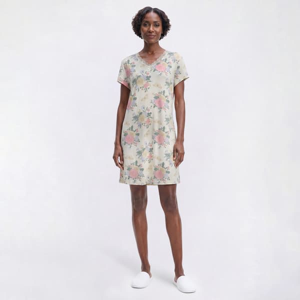 Womens Charmour Short Sleeve Floral Lace Trim V-Neck Nightshirt - image 