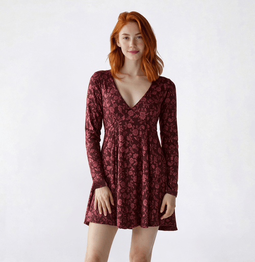 Juniors Wallflower Floral Long Sleeve Fit & Flare Dress- Coffee