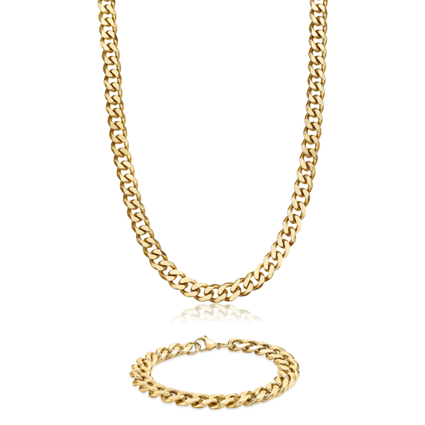 Mens Lynx Gold-Tone Ion Plated Curb Chain Necklace & Bracelet Set