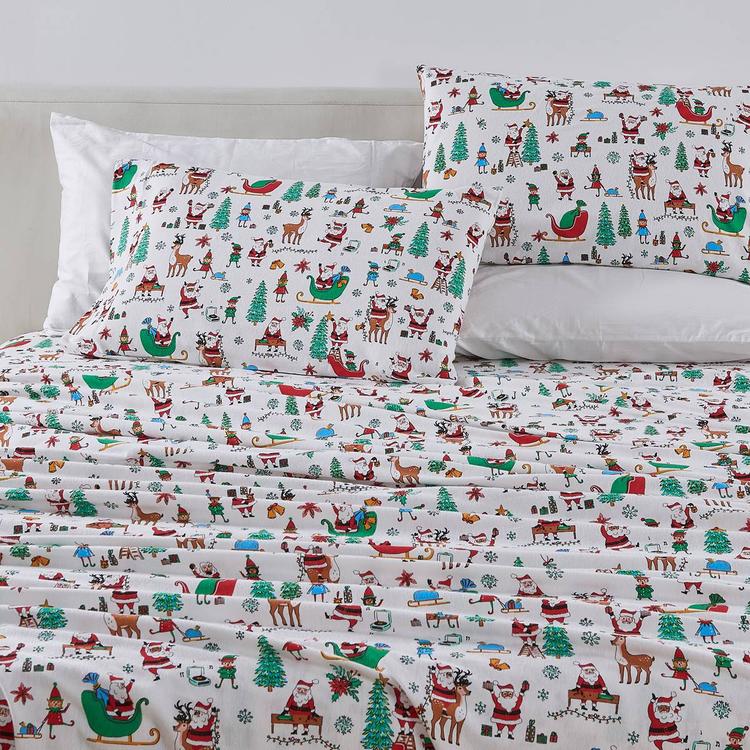 Freshfolds Cotton Santa Joy Holiday 4pc. Flannel Sheet Set