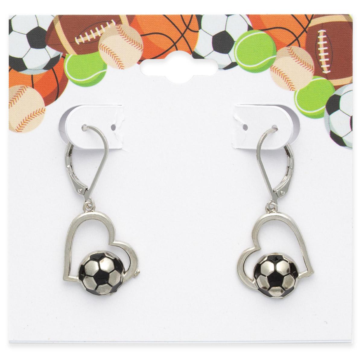 Silver-Tone Heart Soccer French Wire Drop Earrings