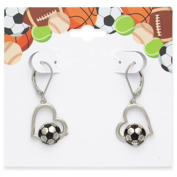 Silver-Tone Heart Soccer French Wire Drop Earrings