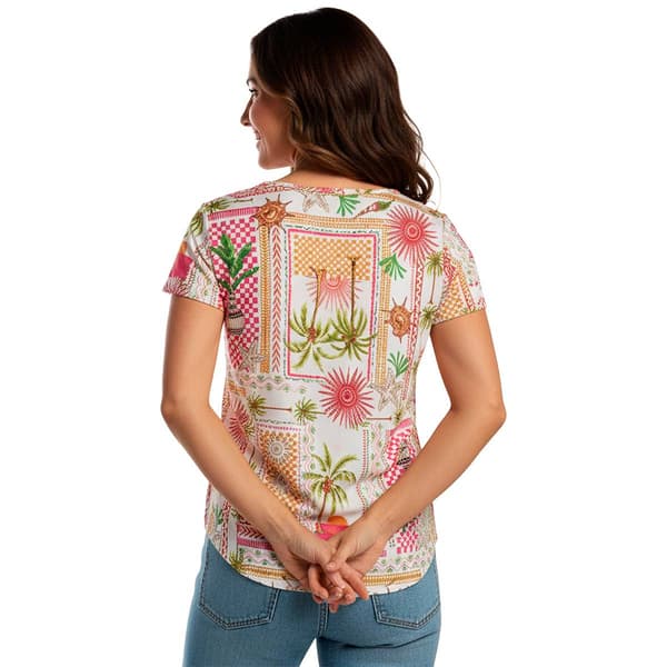 Womens C''est La Vie Short Sleeve Tropical Palm Tree Blouse