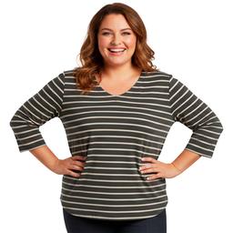 Plus Size Hasting & Smith 3/4 Sleeve Stripe Round Hem V Neck Tee