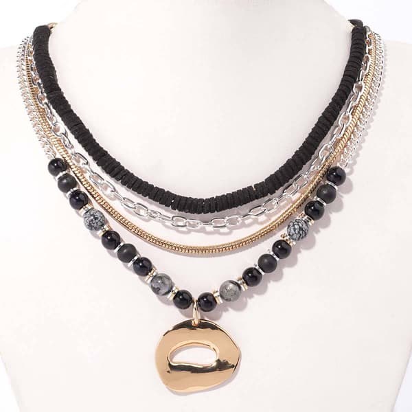 Ashley Cooper(tm) 4 Row Two-Tone Black Bead Necklace w/ Oval Pendant - image 