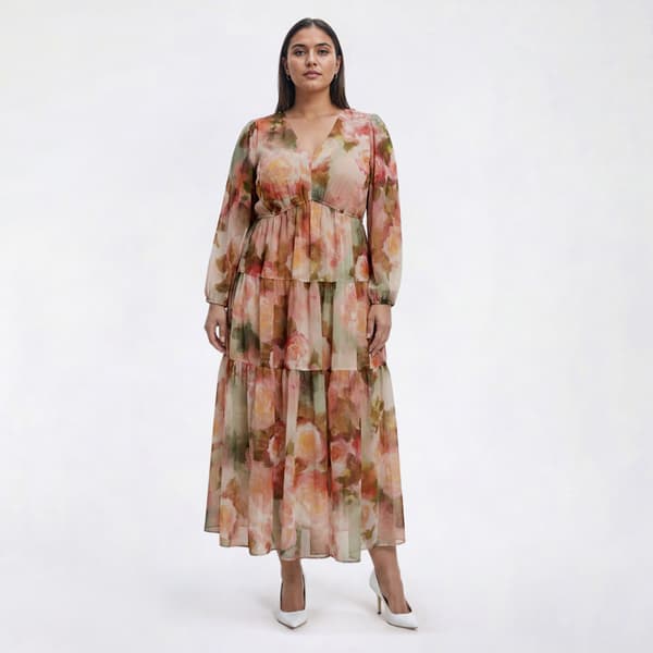 Plus Size Robbie Bee Long Sleeve V Neck Tier Chiffon Maxi Dress - image 