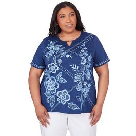 Plus Size Alfred Dunner Blue Bayou Knit Monotone Embroidery Top