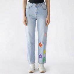 Juniors Gogo Jeans High Rise Straight Puff Paint Flowers Jeans