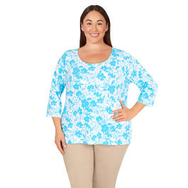 Plus Size Hearts of Palm 3/4 Sleeve Jewel Neck Sketched Print Top