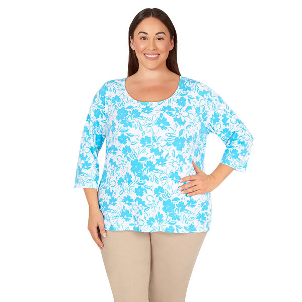 Plus Size Hearts of Palm 3/4 Sleeve Jewel Neck Sketched Print Top - image 