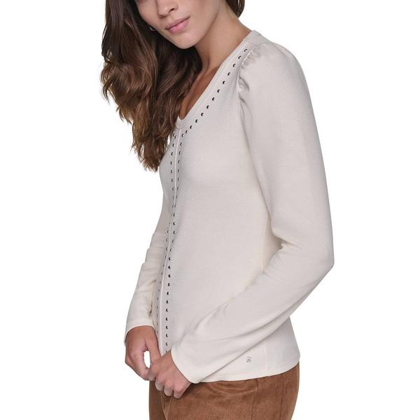 Womens DKNY Jeans Long Puff Sleeve Studded Sweater