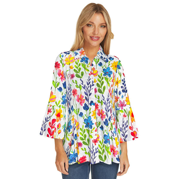 Womens Ali Miles 3/4 Bell Sleeve Floral Print Button Front Blouse - image 