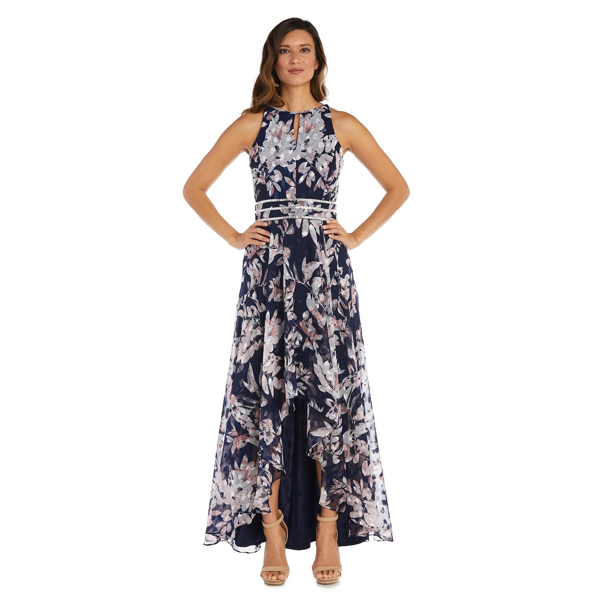 Womens R&M Richards Sleeveless Floral Print High Low Gown