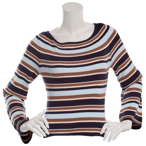 Juniors Pink Rose Stripe Bell Sleeve Wide Neck Pullover Sweater - image 