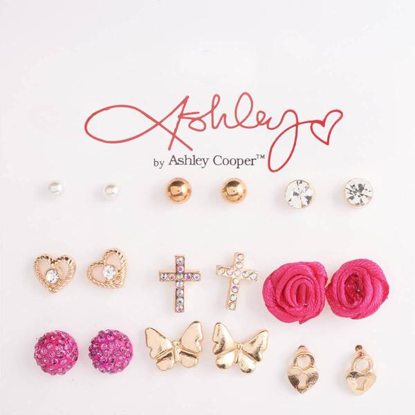 Ashley 9pr. Flowers Hearts Crosses & Pearls Post Earrings - image 