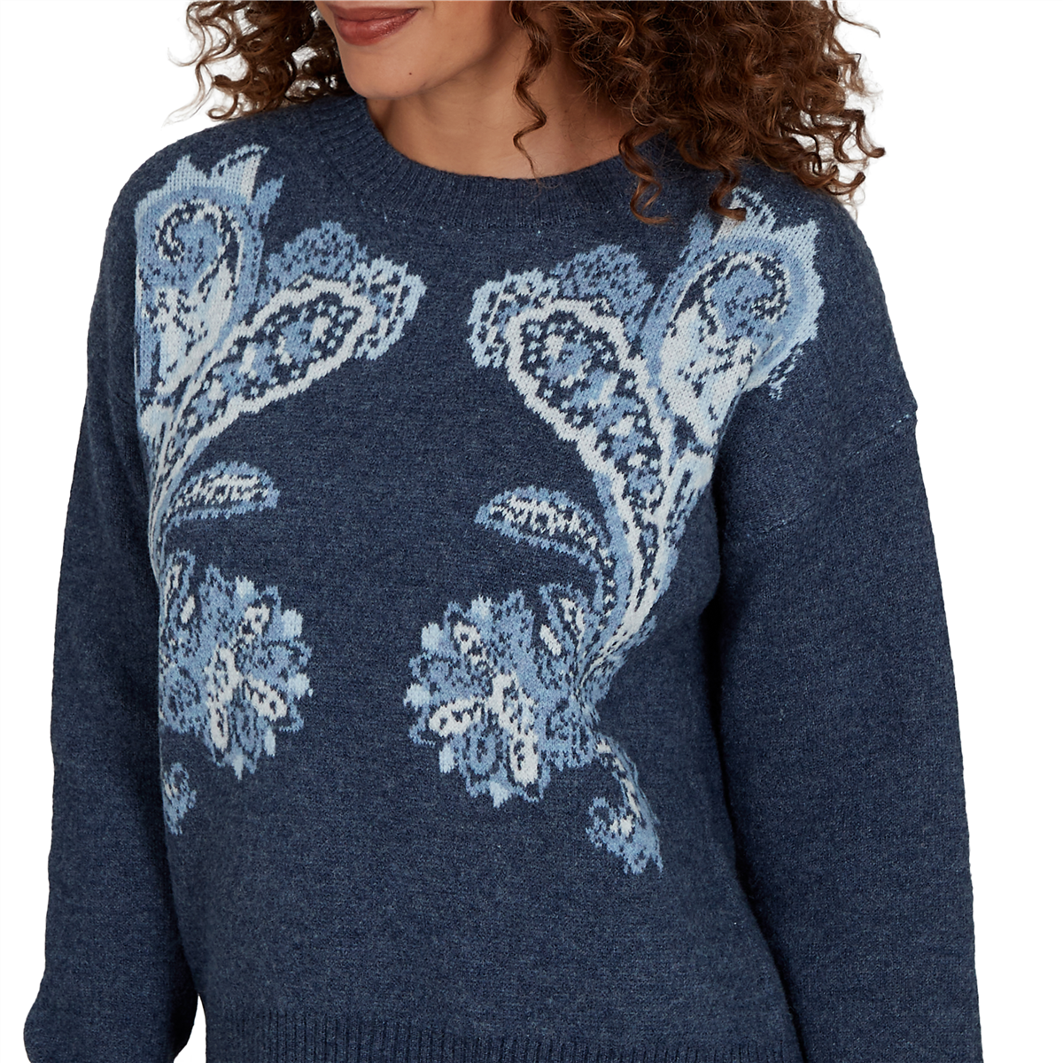 Womens Skye’s the Limit Icy Blue Sparkle Paisley Sweater