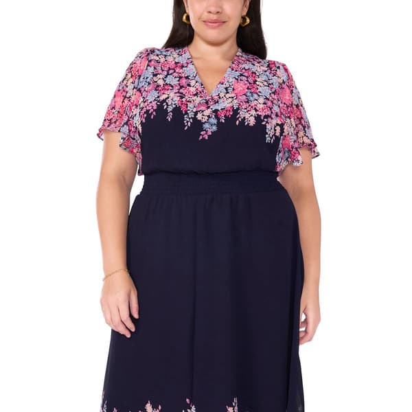 Plus Size MSK Floral Flutter Sleeve V Neck Smock Waist Midi Dress