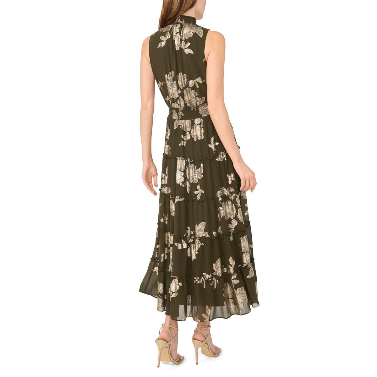 Womens MSK Sleeveless Mock Neck Foil Floral Tiered Maxi Dress