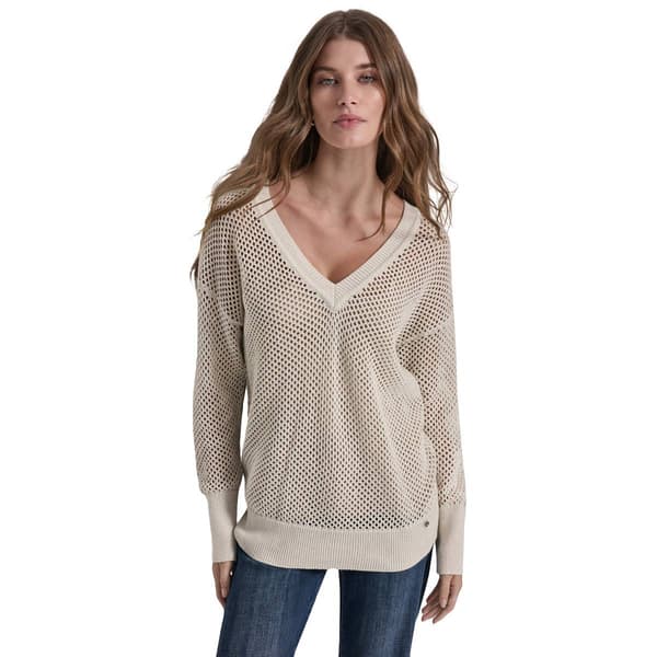 Womens DKNY Long Sleeve V Neck Open Stitch Sweater - image 