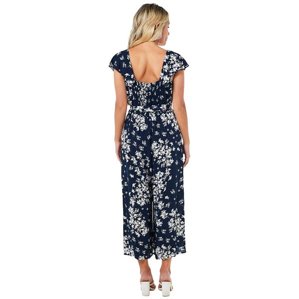 Womens Luxology Short Ruffle Sleeve Challis Jumpsuit-Navy/Ivory
