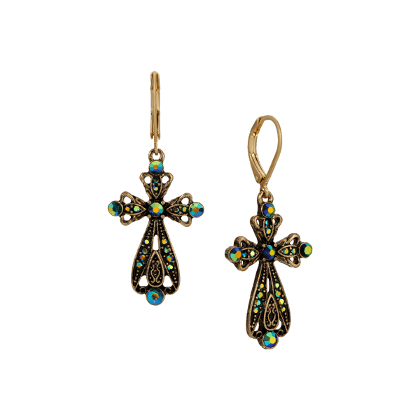 1928 Crystal AB & Blue Stone Cross Earrings - image 